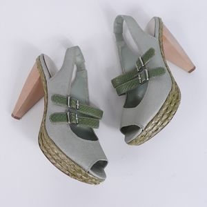 Nine West Green Peep Toe Slingback Wood Heels